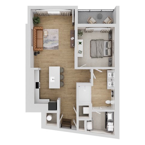 Floor plan for 1 bed, 1 bath, 769 sqft